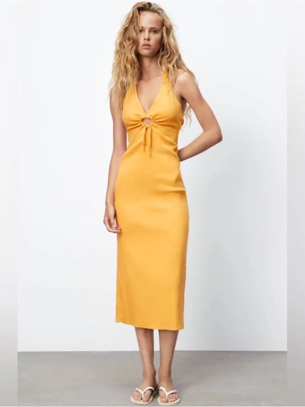 Zara Mustard Halter Midi Dress with Front Tie